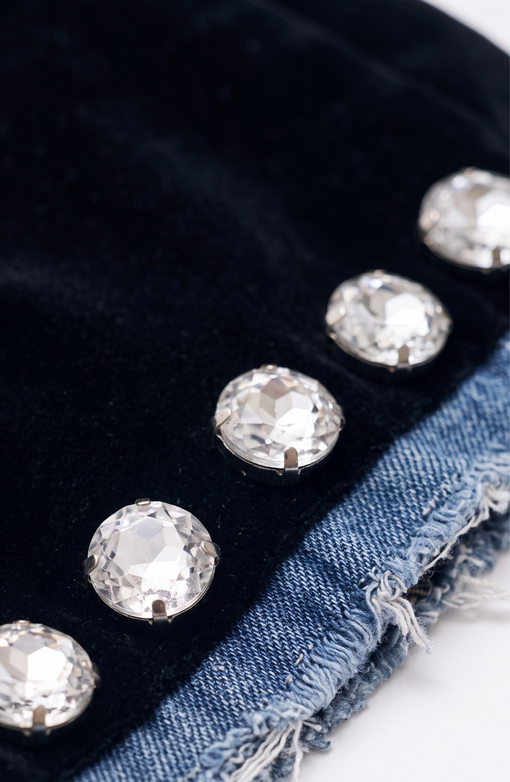 Black velvet blazer with blue denim lapels and crystal embellishments