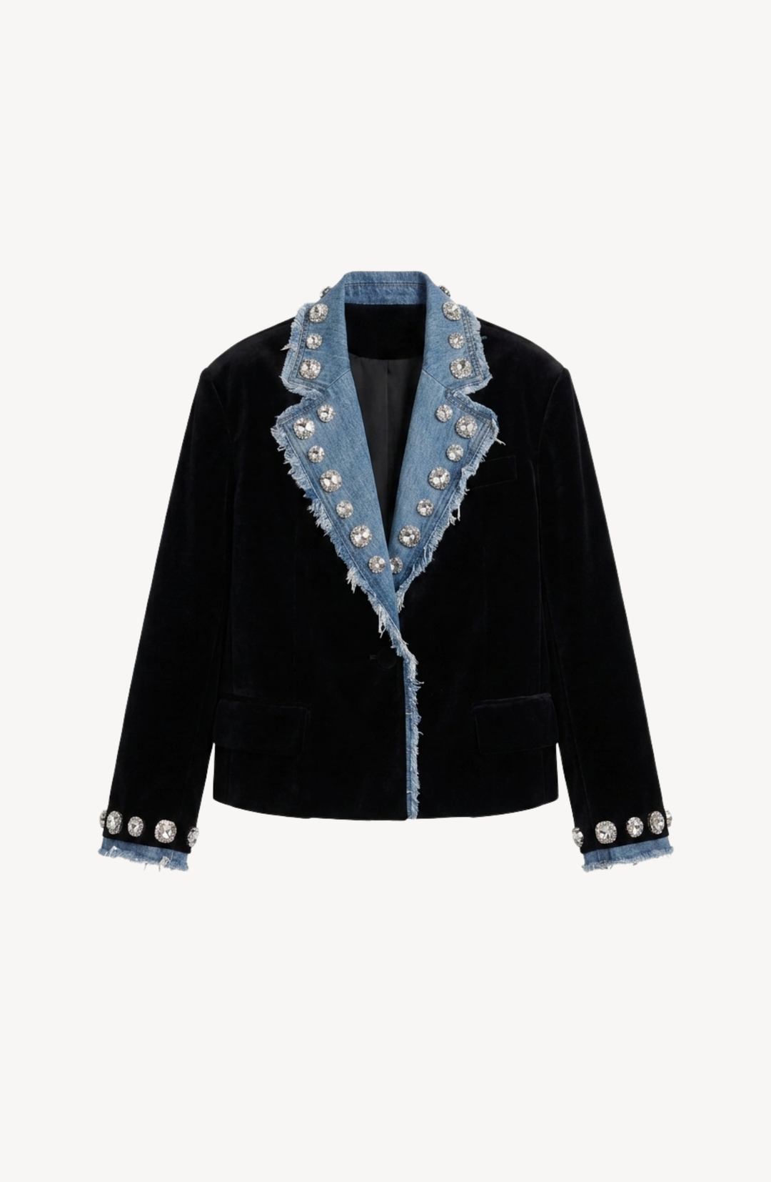 Black velvet blazer with blue denim lapels and crystal embellishments