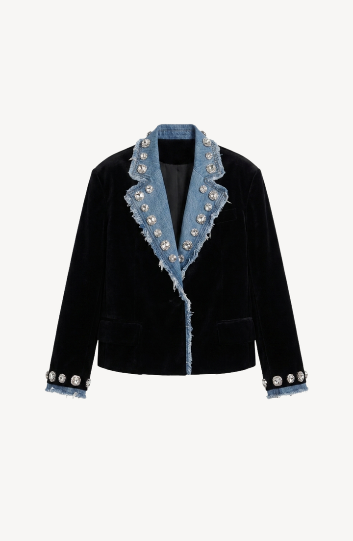 Black velvet blazer with blue denim lapels and crystal embellishments