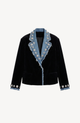 Black velvet blazer with blue denim lapels and crystal embellishments