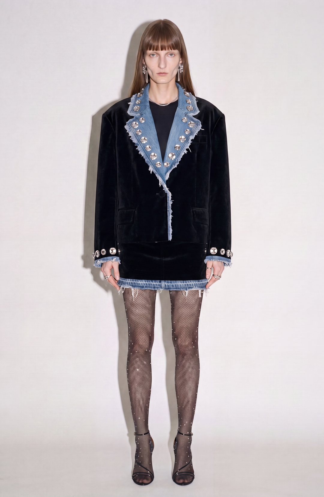 Black velvet blazer with blue denim lapels and crystal embellishments