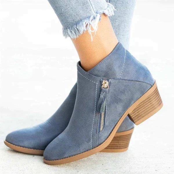 Women's ankle boots with side zippers, almond toes and low block heels