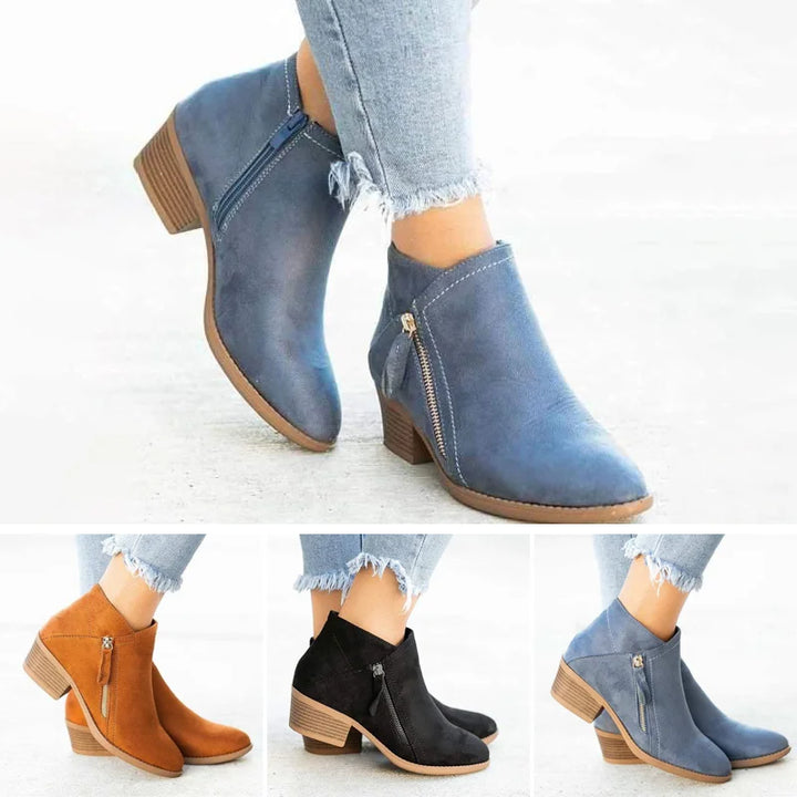 Women's ankle boots with side zippers, almond toes and low block heels
