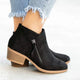 Women's ankle boots with side zippers, almond toes and low block heels
