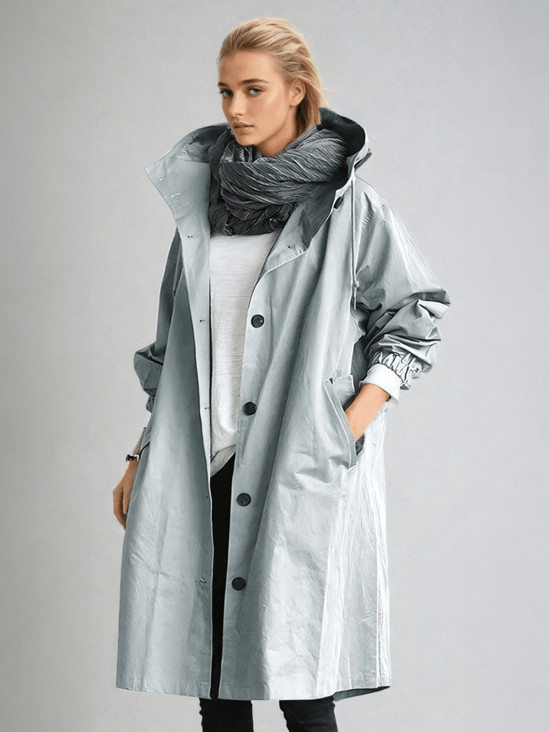 Women's hooded trench coat with buttons, long sleeves and side pockets