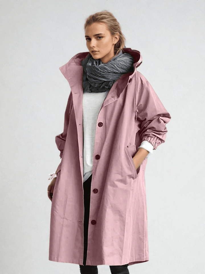 Women's hooded trench coat with buttons, long sleeves and side pockets
