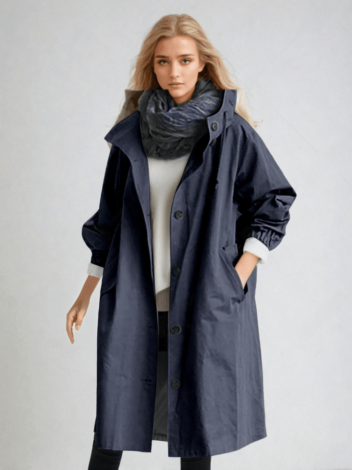 Women's hooded trench coat with buttons, long sleeves and side pockets