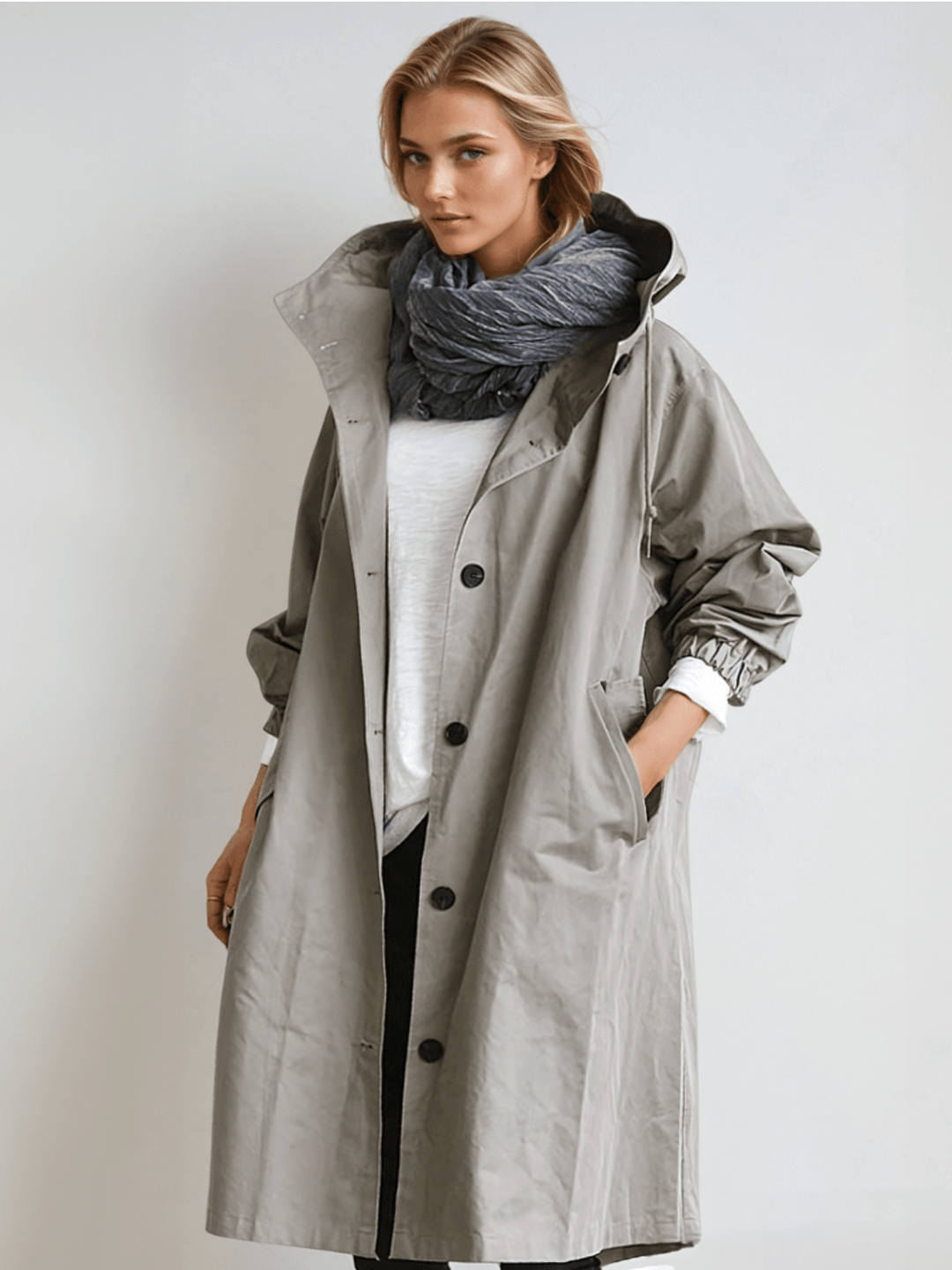 Women's long hooded trench coat with button front