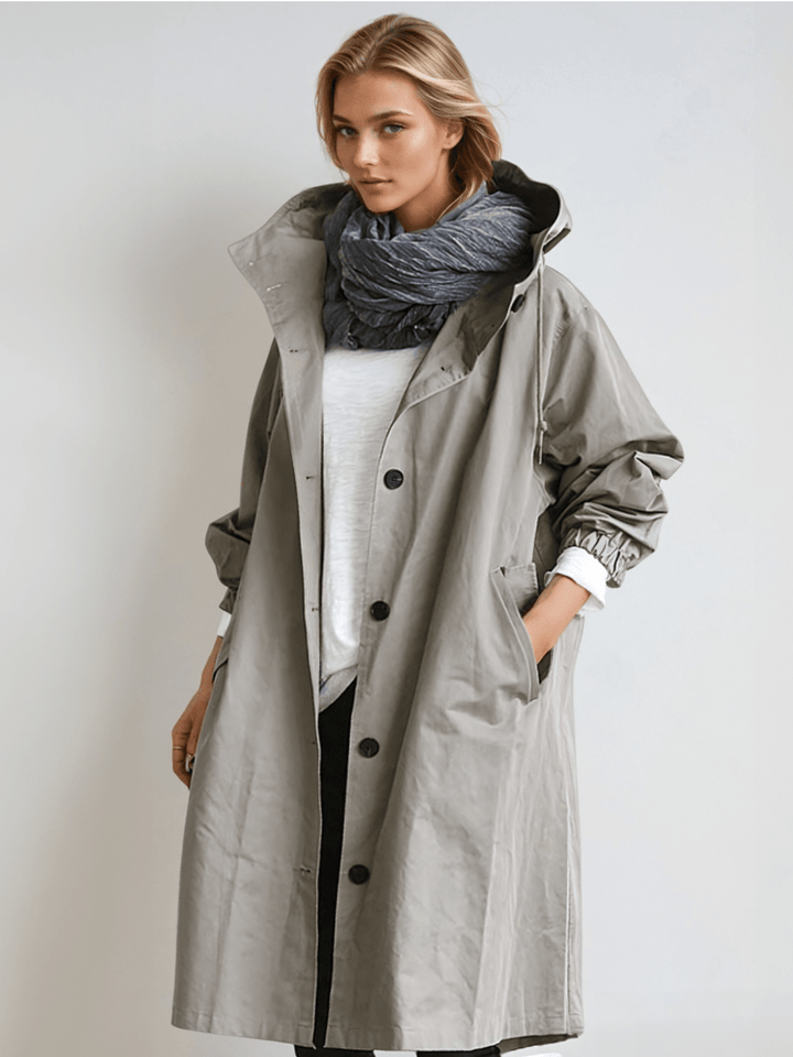Women's long hooded trench coat with button front