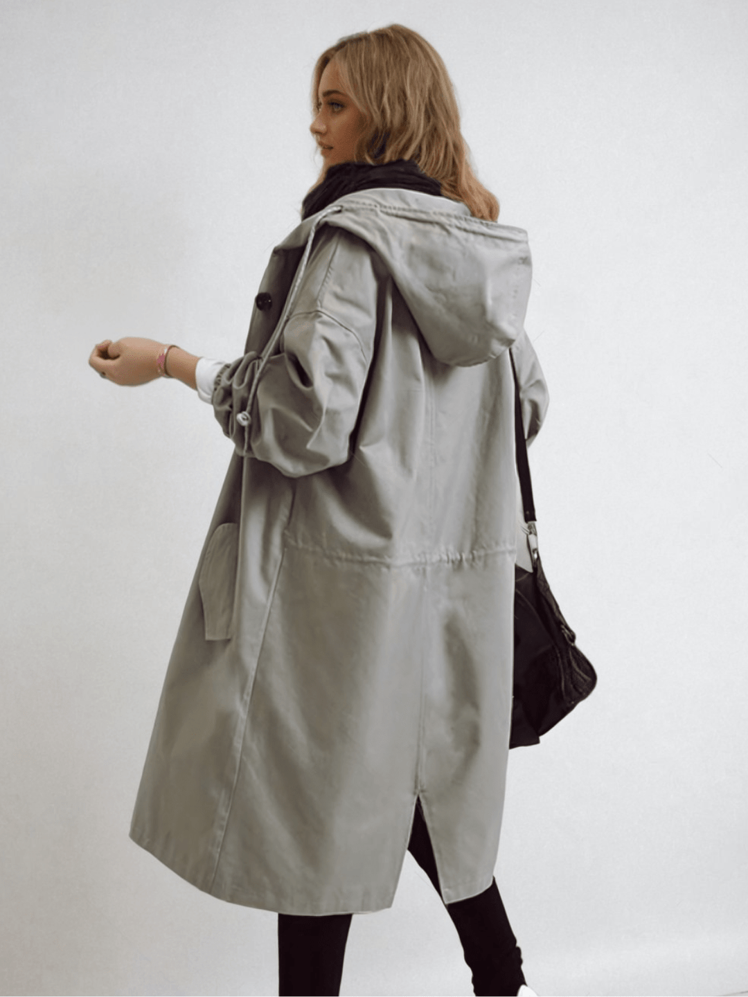 Women's long hooded trench coat with button front