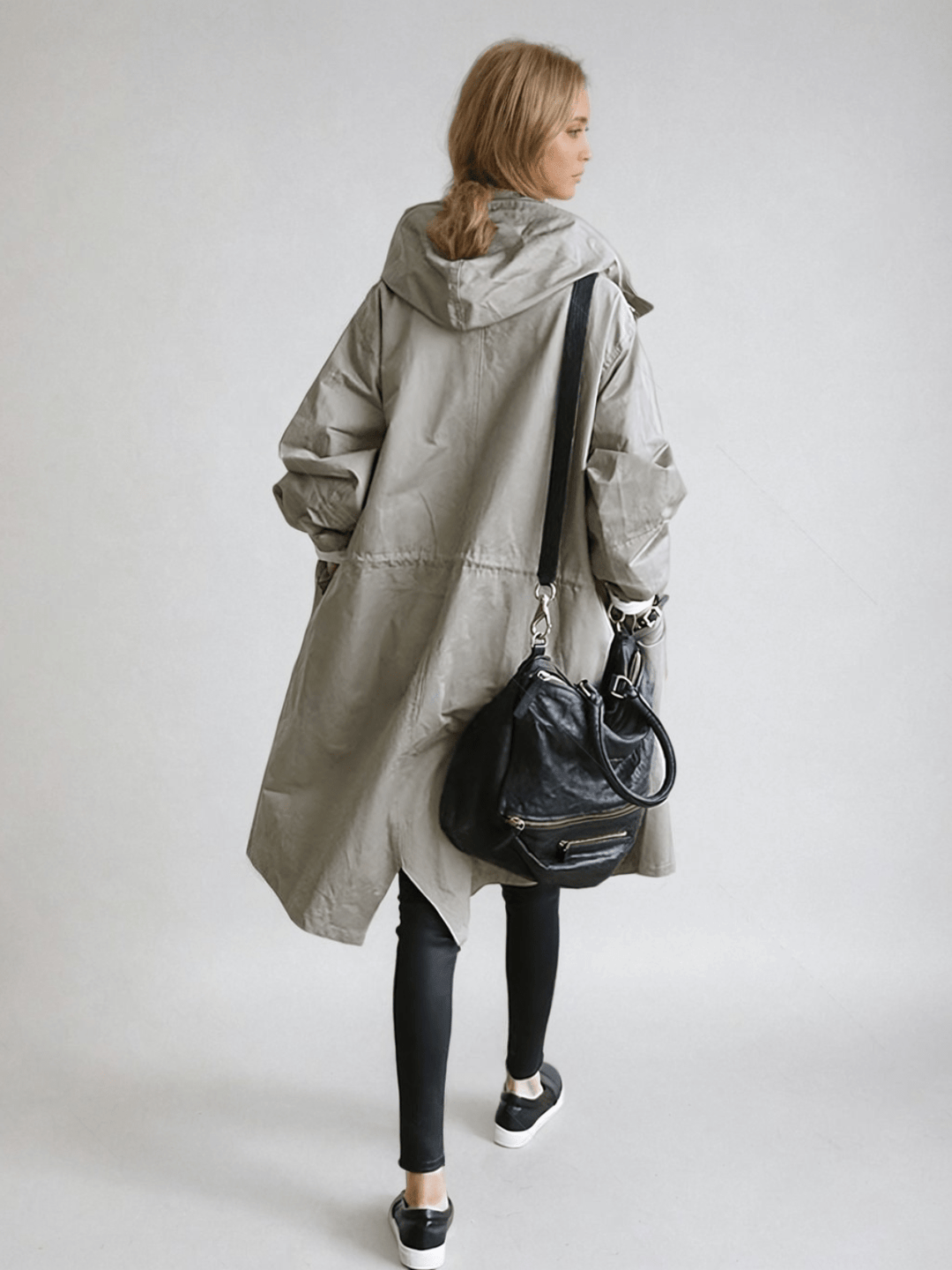 Women's long hooded trench coat with button front