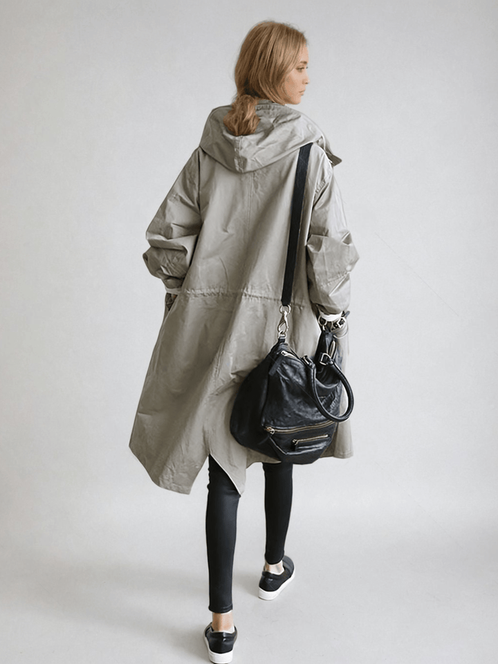 Women's long hooded trench coat with button front