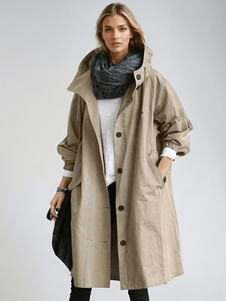 Women's hooded trench coat with buttons, long sleeves and side pockets
