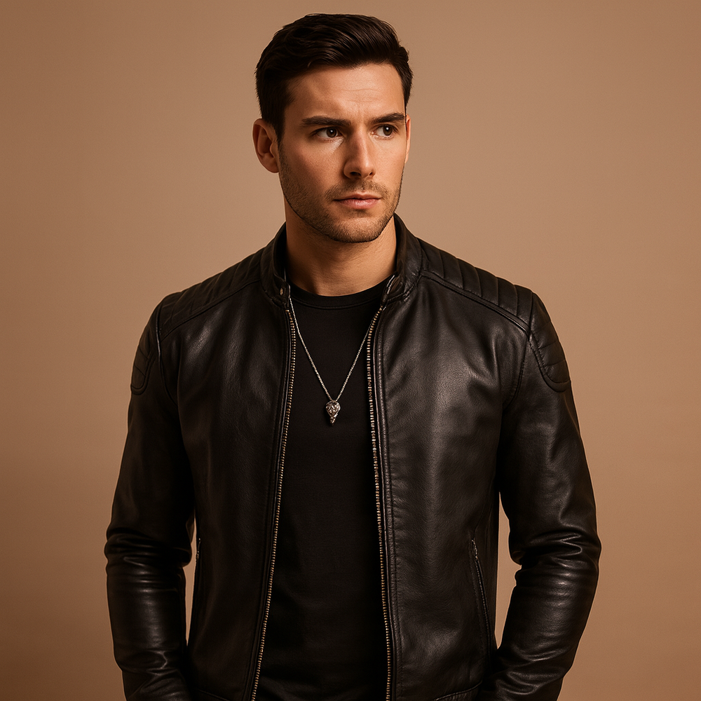 Men's biker jacket with stand collar, long sleeves and quilted shoulder panels