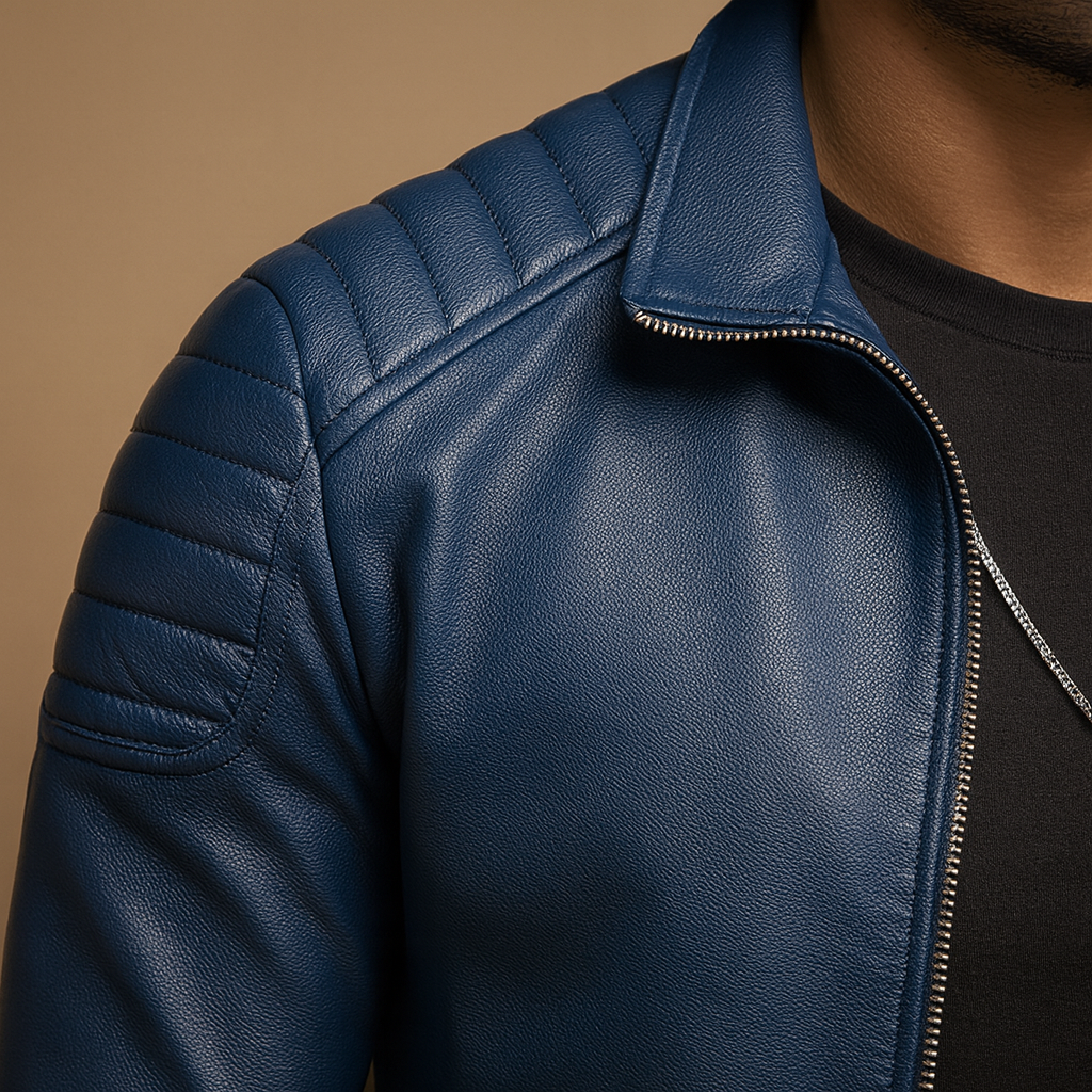 Men's biker jacket with stand collar, long sleeves and quilted shoulder panels
