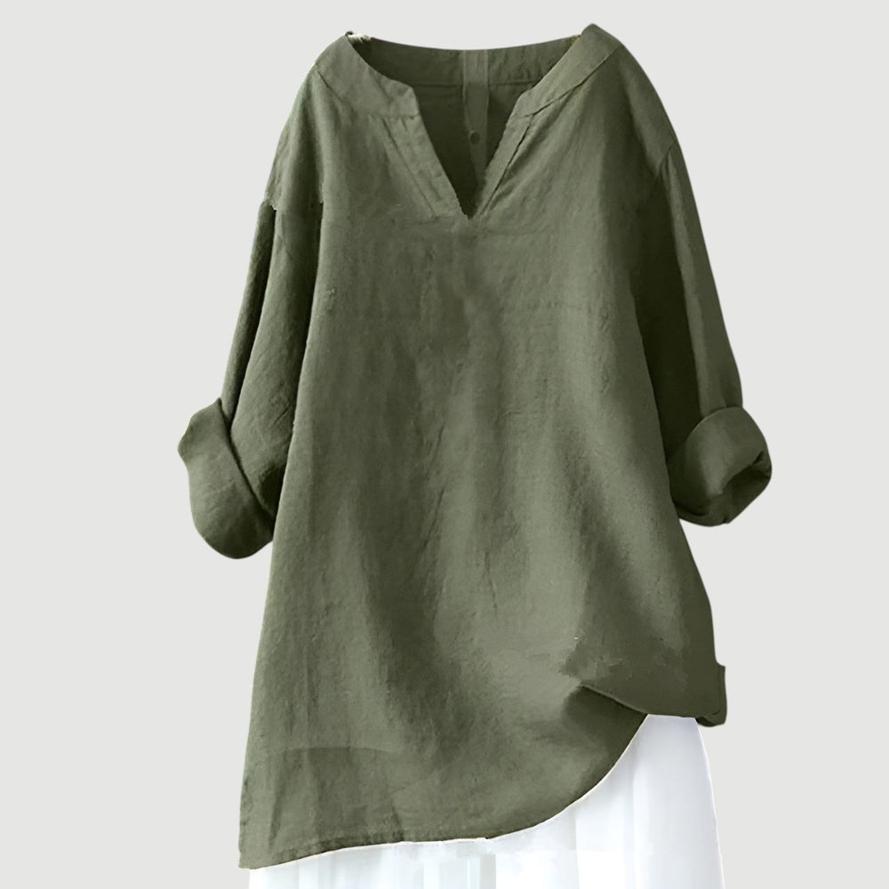 Women's linen blend split neck long sleeve tunic shirt