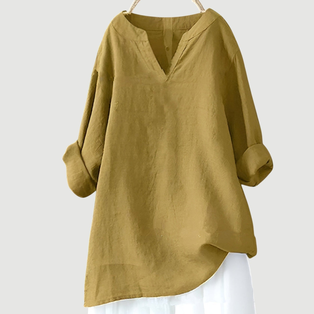 Women's linen blend split neck long sleeve tunic shirt