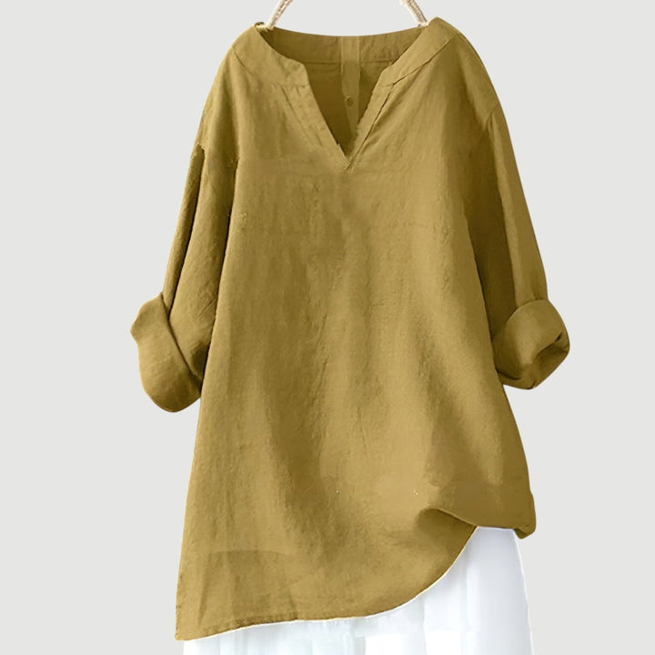 Women's linen blend split neck long sleeve tunic shirt