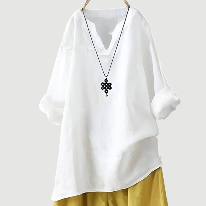Women's linen blend split neck long sleeve tunic shirt