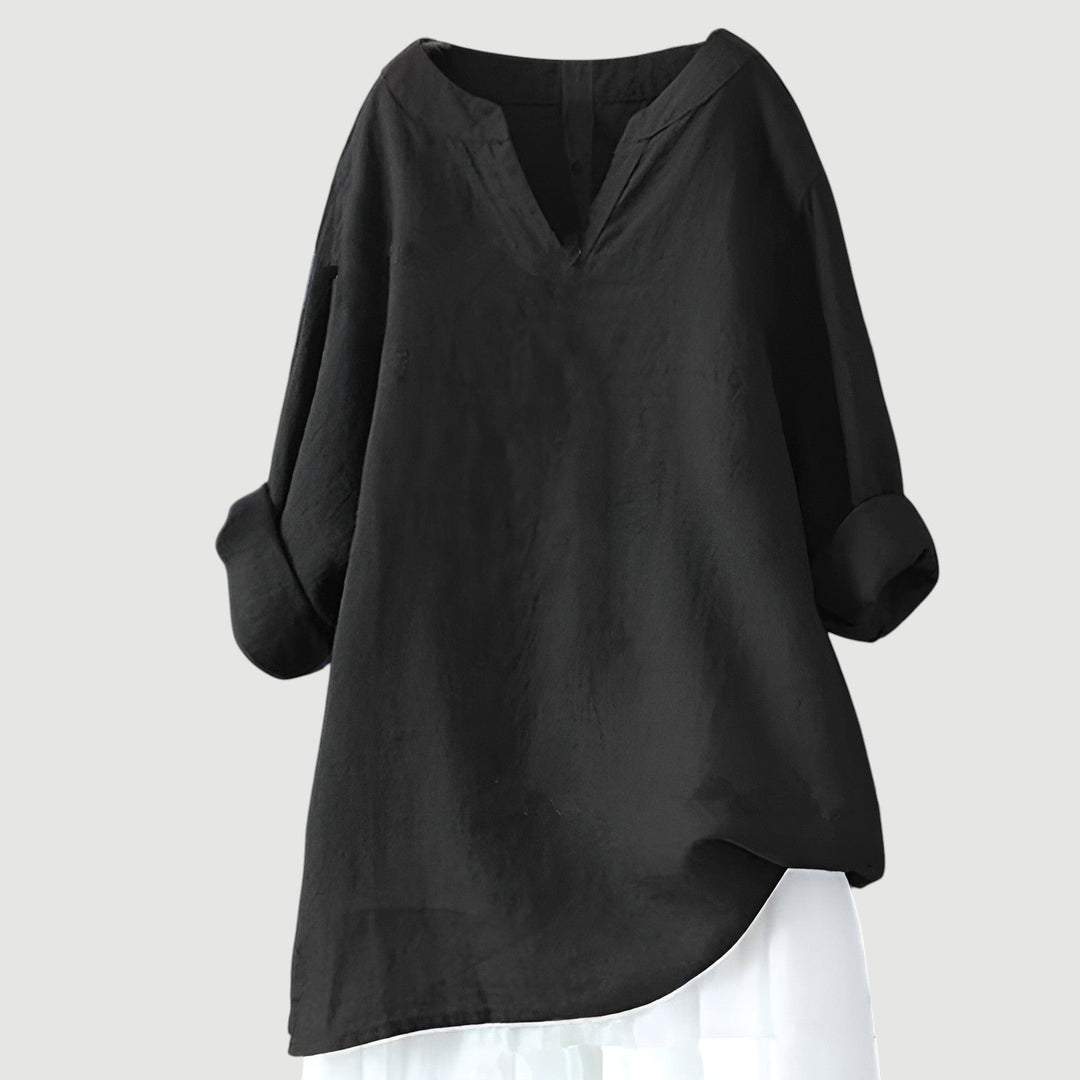 Women's linen blend split neck long sleeve tunic shirt