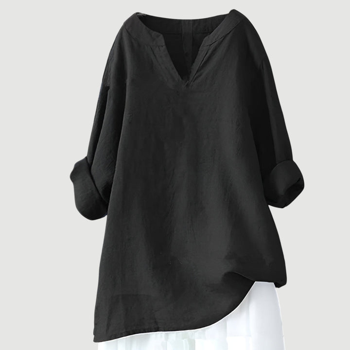 Women's linen blend split neck long sleeve tunic shirt
