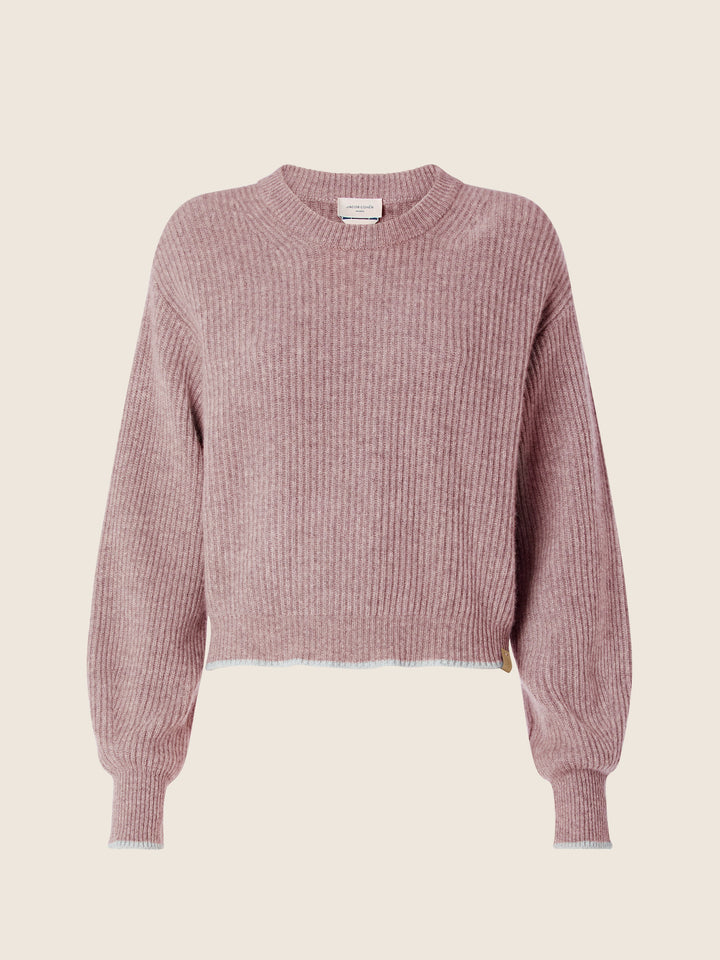 Women's pink ribbed crew neck cropped sweater with long sleeves