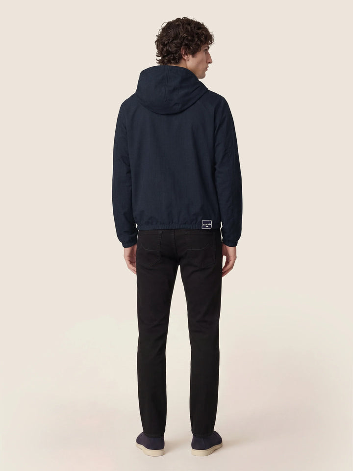 Men's black slim five-pocket jeans with button and zip fly