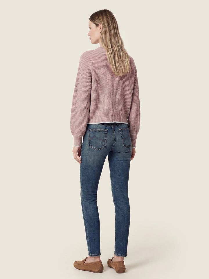 Women's pink ribbed crew neck cropped sweater with long sleeves