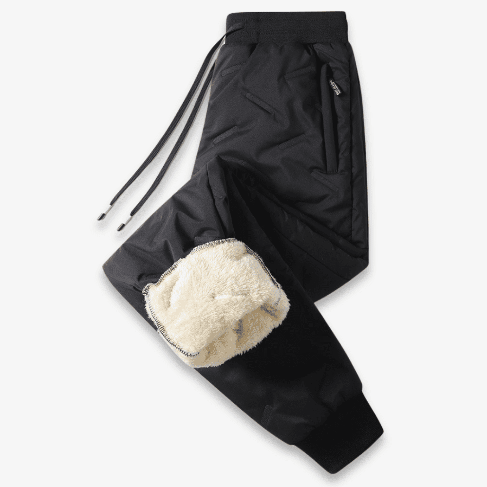 Black women's fleece-lined trousers with drawstring waist and cream lining