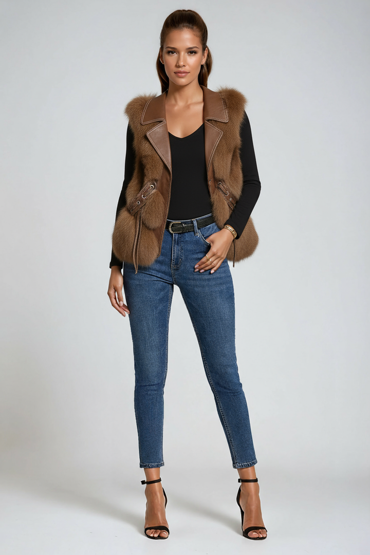 Women's sleeveless faux fur vest with lapel collar and front pockets