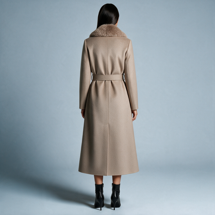 Women's long wrap coat with fur-textured shawl collar and belted waist
