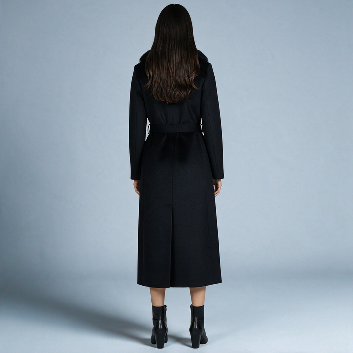 Women's long wrap coat with fur-textured shawl collar and belted waist