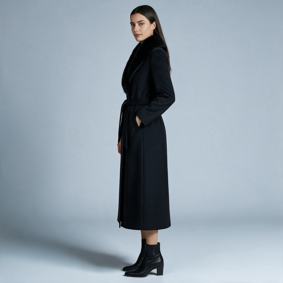 Women's long wrap coat with fur-textured shawl collar and belted waist
