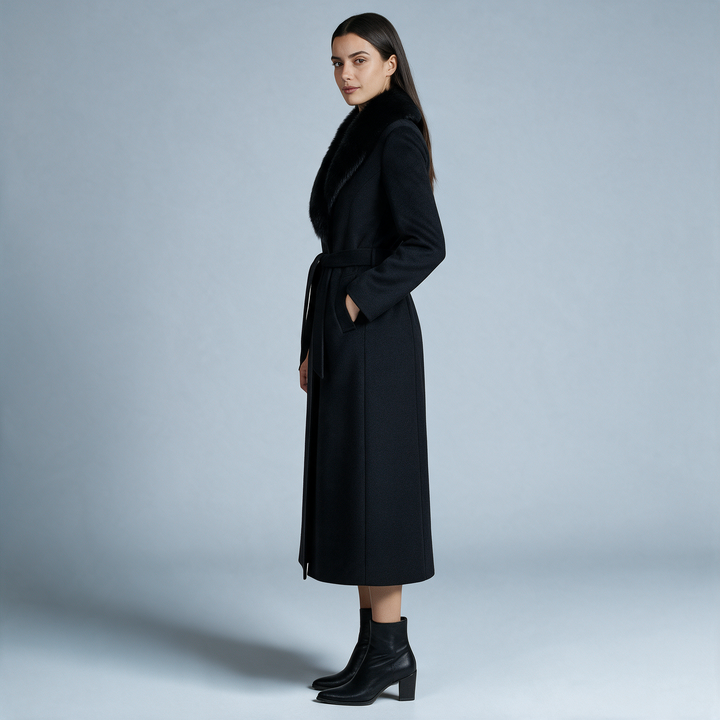 Women's long wrap coat with fur-textured shawl collar and belted waist