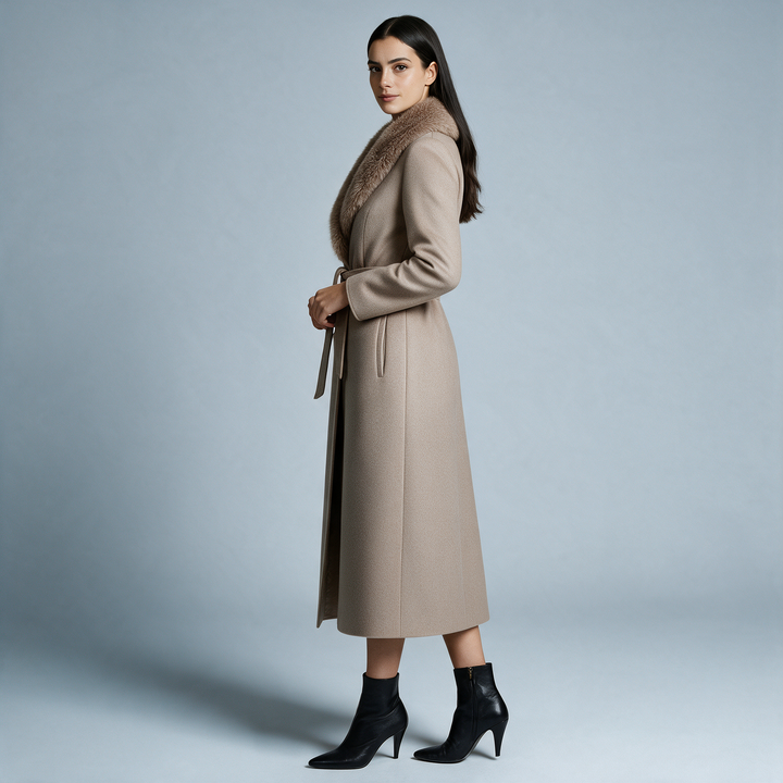 Women's long wrap coat with fur-textured shawl collar and belted waist