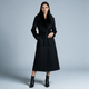 Women's long wrap coat with fur-textured shawl collar and belted waist