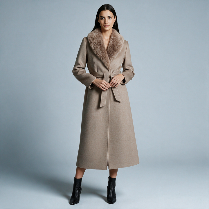 Women's long wrap coat with fur-textured shawl collar and belted waist