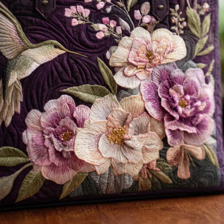 Purple quilted tote bag with embroidered hummingbird and flowers