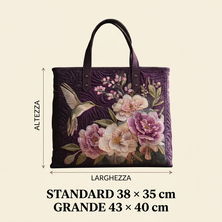 Purple quilted tote bag with embroidered hummingbird and flowers