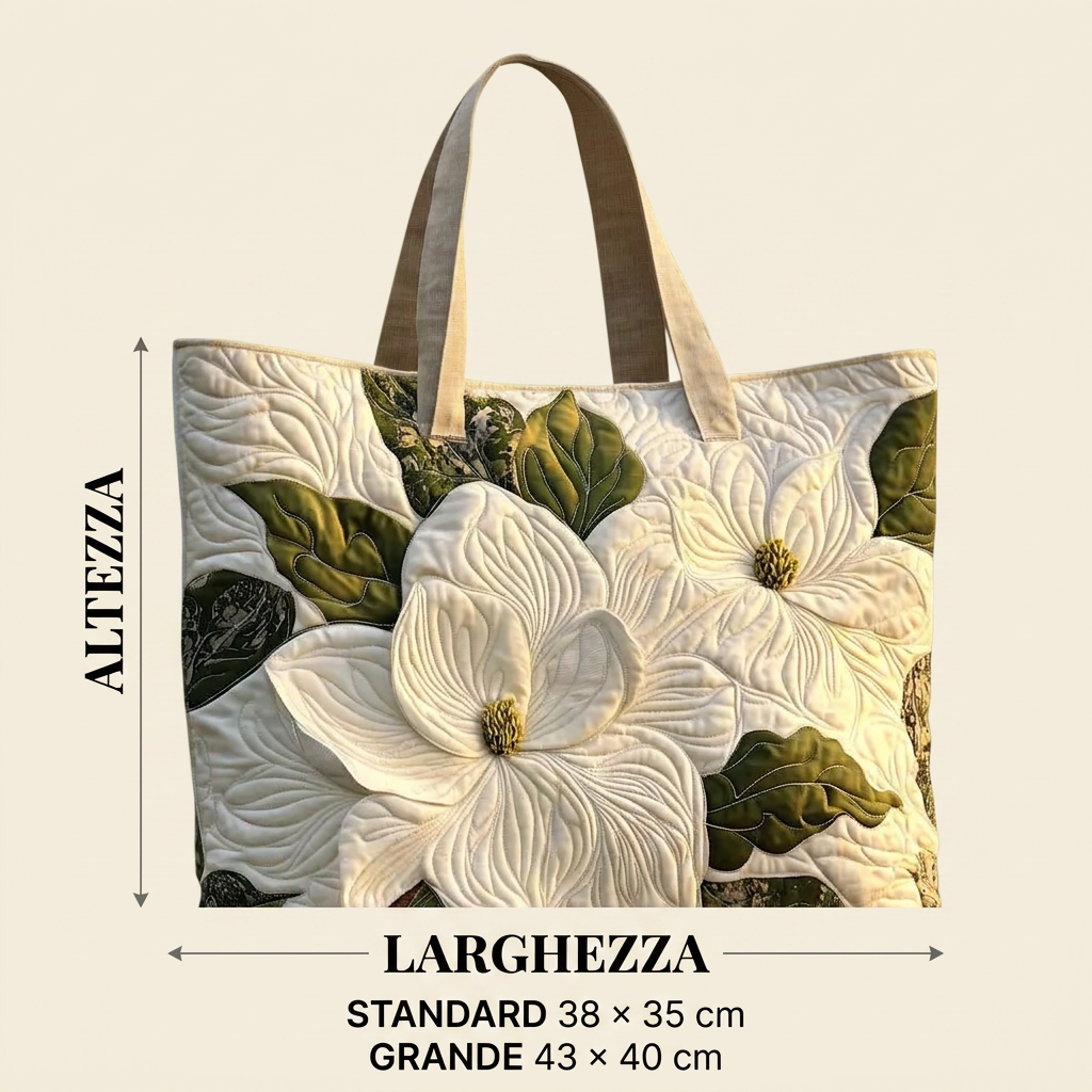 Quilted floral tote bag with raised white flowers and green leaves