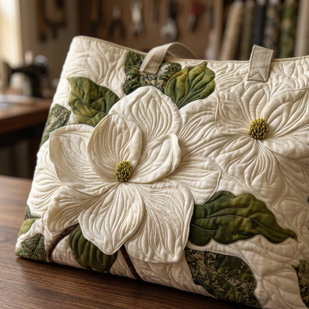 Quilted floral tote bag with raised white flowers and green leaves