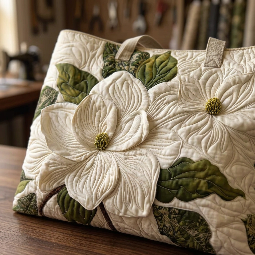 Quilted floral tote bag with raised white flowers and green leaves