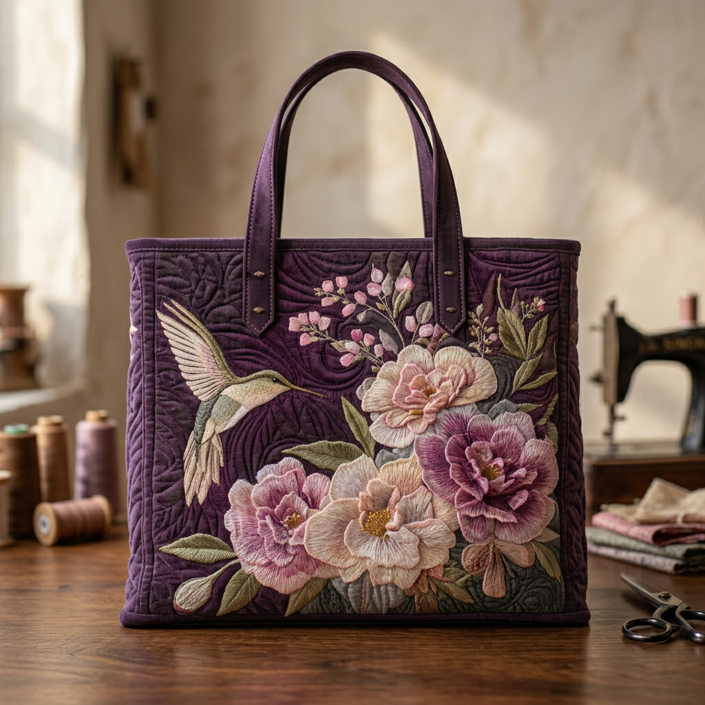 Purple quilted tote bag with embroidered hummingbird and flowers