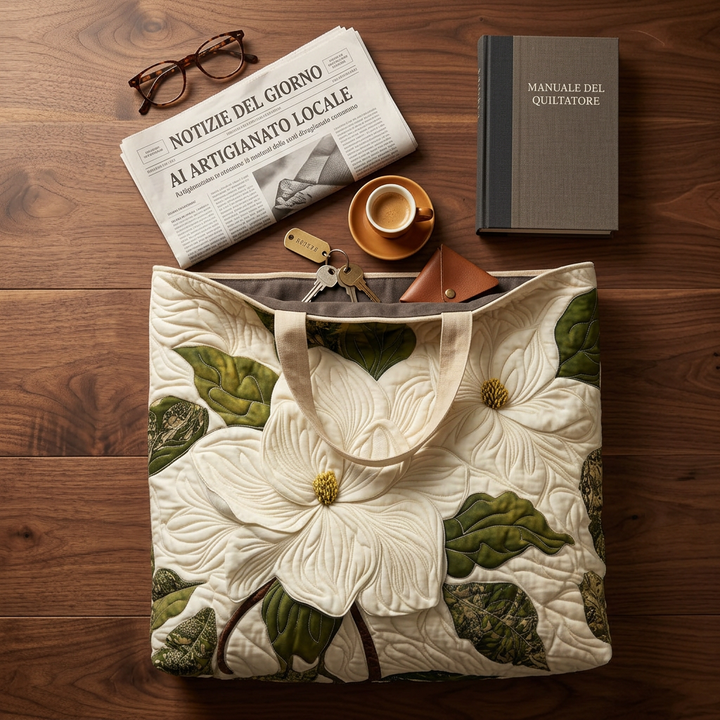 Quilted floral tote bag with raised white flowers and green leaves