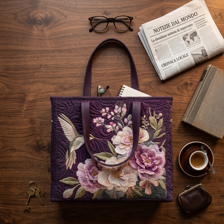 Purple quilted tote bag with embroidered hummingbird and flowers