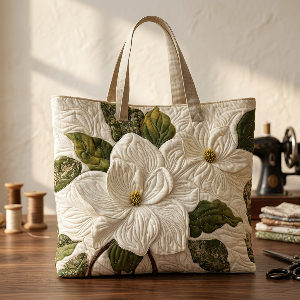 Quilted floral tote bag with raised white flowers and green leaves