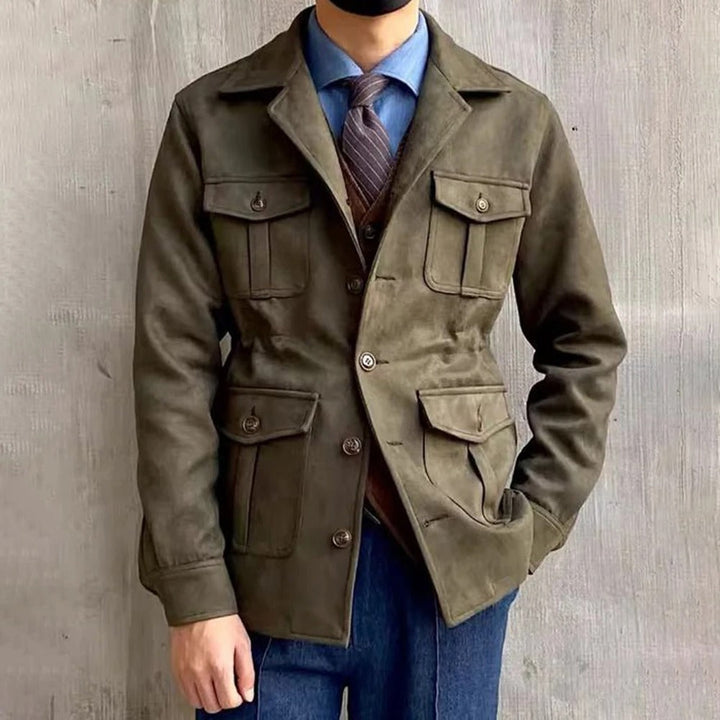 Hunting jacket with notched collar and four button flap pockets