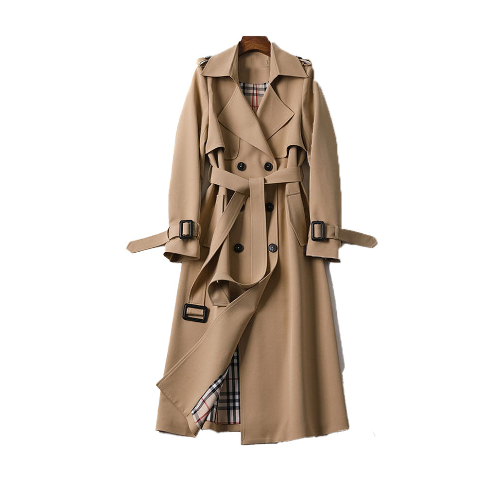 Women's long belted trench coat with double-breasted buttons and cuff buckles