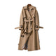 Women's long belted trench coat with double-breasted buttons and cuff buckles