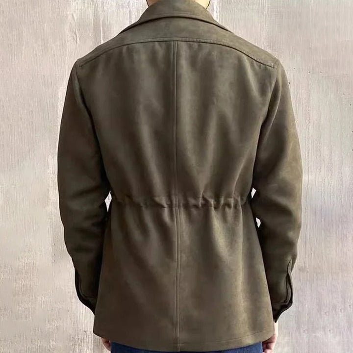 Hunting jacket with notched collar and four button flap pockets